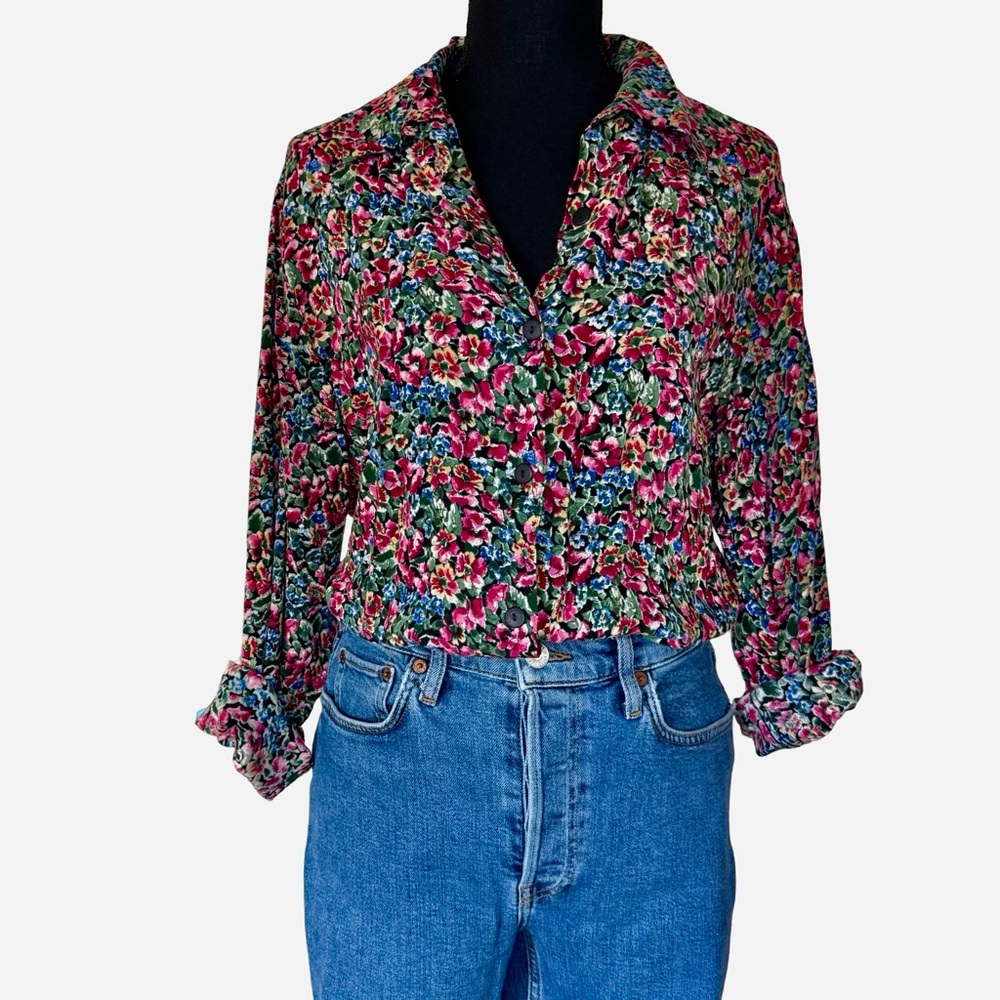 1990s Floral Print Relaxed Button Front Blouse- M - Vintage Express